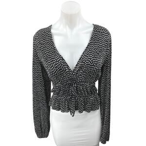 Zara Women's Black Polka Dot Pleated V-neck Long Sleeve Peplum Crop Blouse Top M